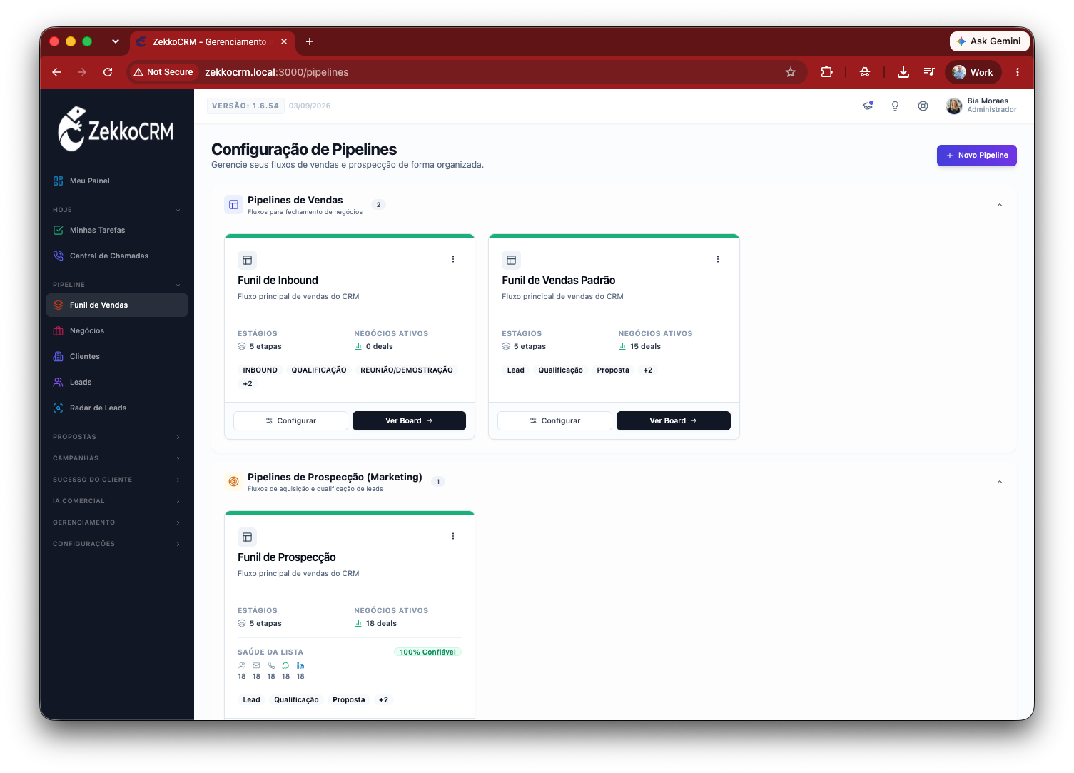 Tela do ZekkoCRM: Um pipeline para cada realidade