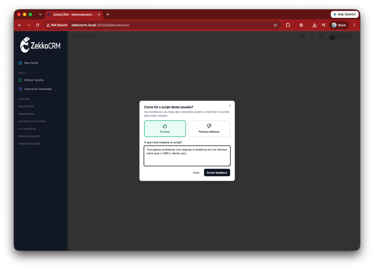 Tela do ZekkoCRM: Feedback estruturado após cada ligação
