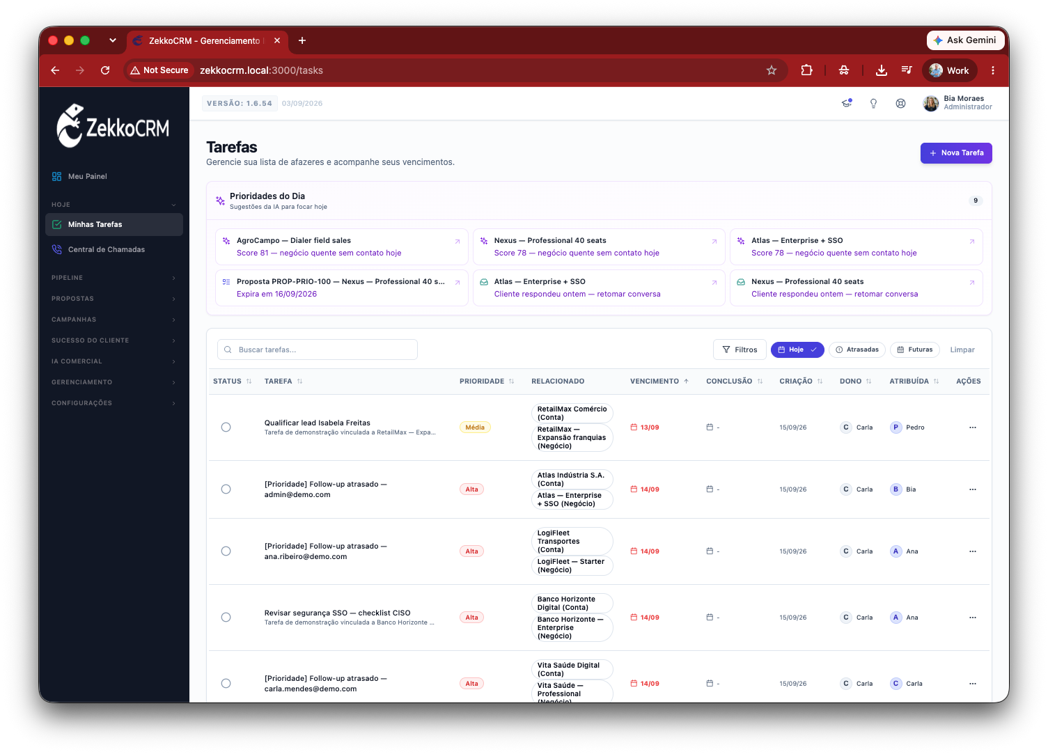 Tela do ZekkoCRM: Nenhum follow-up esquecido