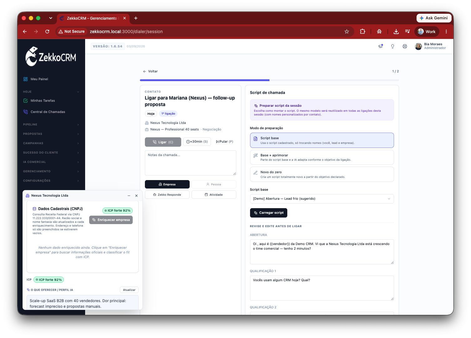Tela do ZekkoCRM: Script pronto antes de discar