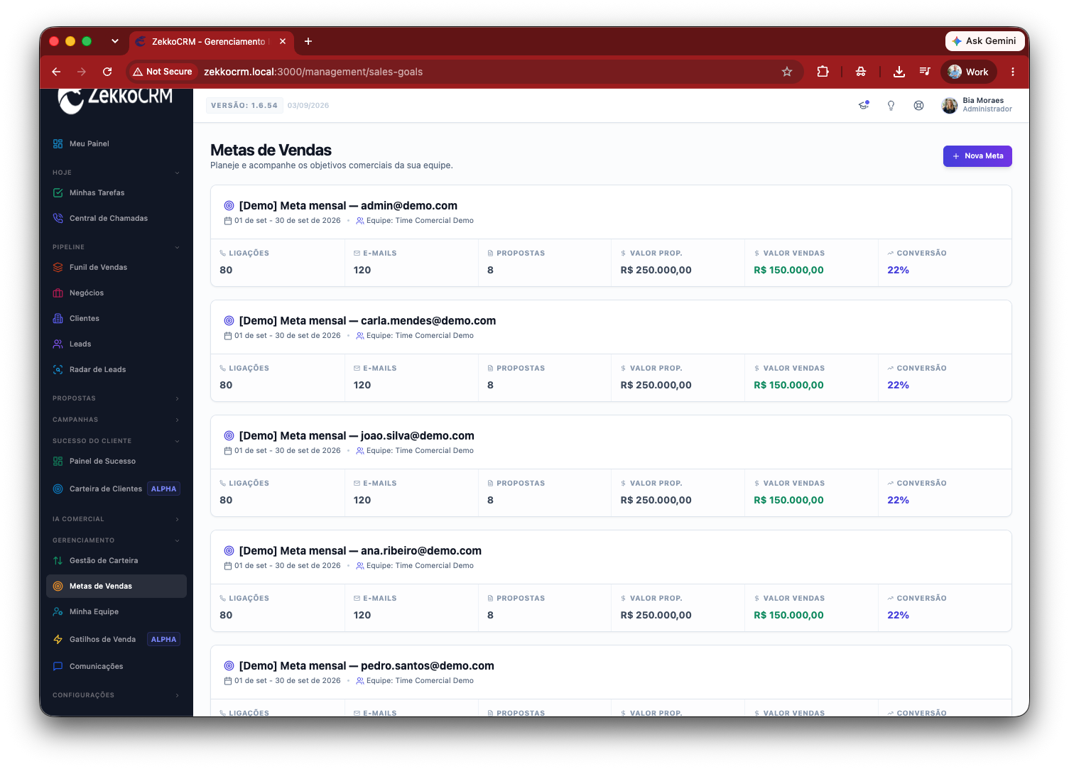 Tela do ZekkoCRM: Metas claras, por vendedor