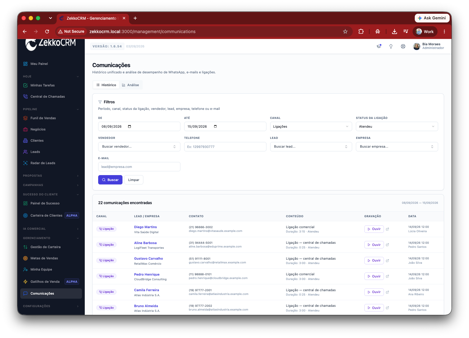 Tela do ZekkoCRM: Todo contato com o cliente, auditável