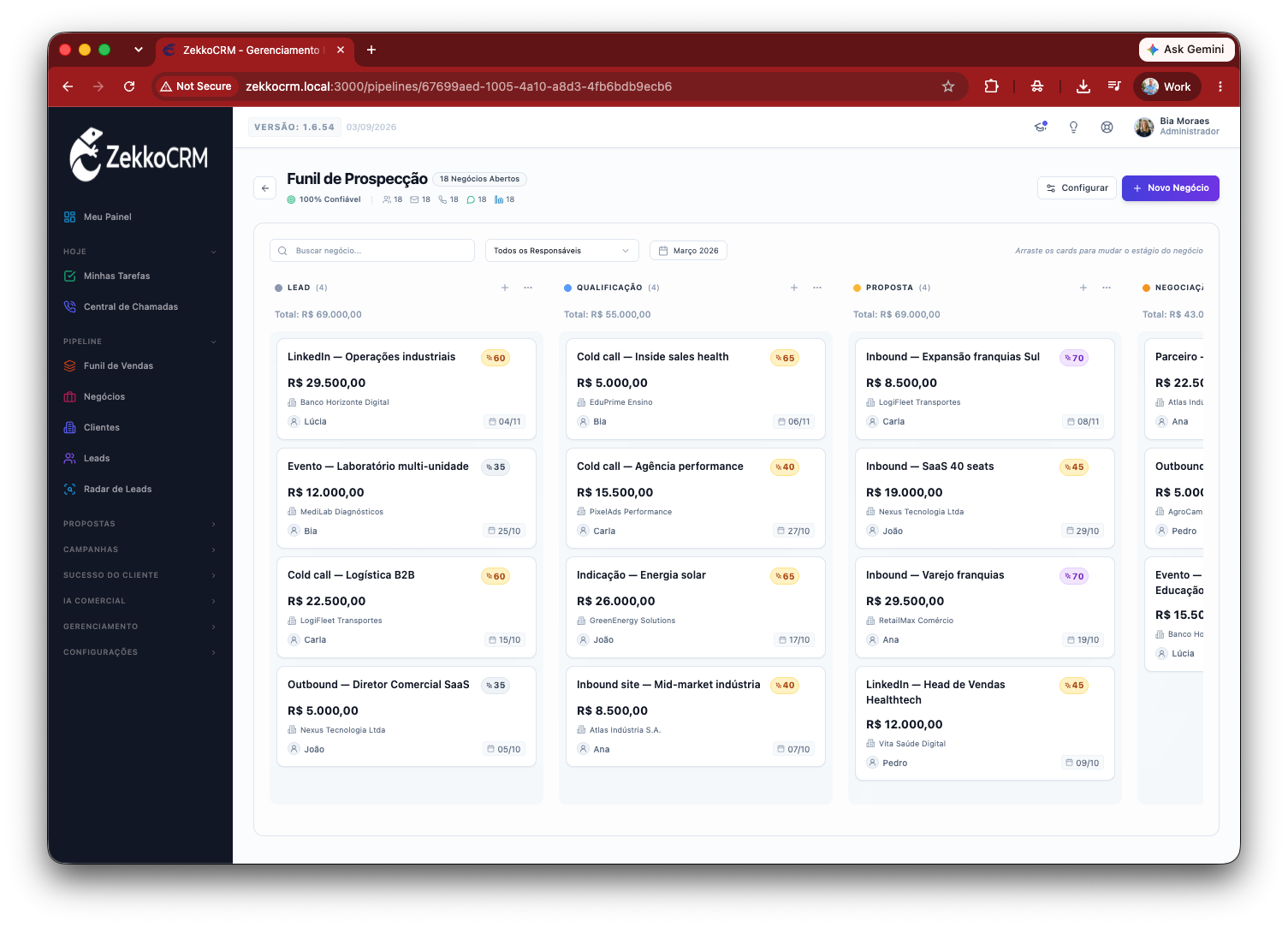 Tela do ZekkoCRM: Funil visual, arrastar e soltar