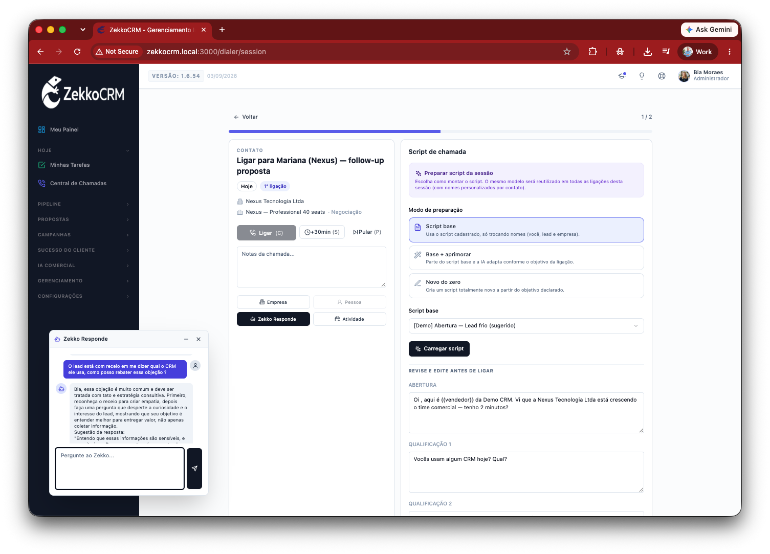 Tela do ZekkoCRM: Central de Chamadas com IA ao vivo